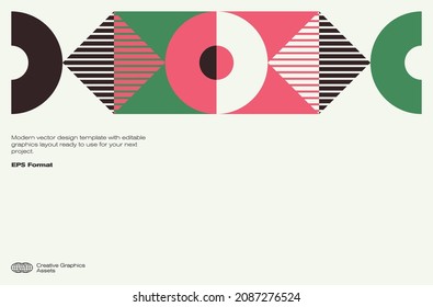 Diseño de plantillas de diseño de afiches suizos con tipografía limpia y patrón vectorial mínimo con formas geométricas abstractas coloridas. Ideal para marca, presentación, impresión de álbum, encabezado de sitio web, banner web.