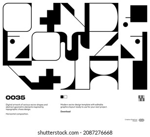 Swiss poster design template layout with clean typography and minimal vector pattern with colorful abstract geometric shapes. Great for branding, presentation, album print, website header, web banner.