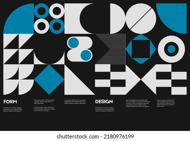 Swiss poster design template layout with clean typography and minimal vector pattern with colorful abstract geometric shapes. Bold form graphic design, useful for album print,website header,web banner