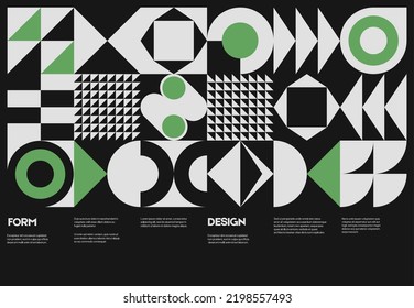 Swiss poster design template layout with clean typography and minimal vector pattern with colorful abstract geometric shapes. Bold form graphic design, useful for album print,website header,web banner