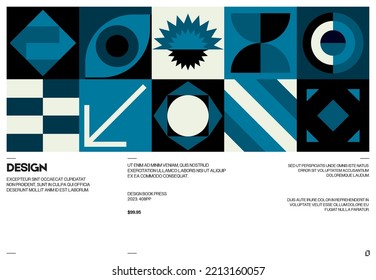 Swiss poster design template layout with clean typography and minimal vector pattern with colorful abstract geometric shapes. Bold form graphic design, useful for album print,website header,web banner