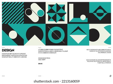 Swiss poster design template layout with clean typography and minimal vector pattern with colorful abstract geometric shapes. Bold form graphic design, useful for album print,website header,web banner