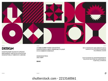 Swiss poster design template layout with clean typography and minimal vector pattern with colorful abstract geometric shapes. Bold form graphic design, useful for album print,website header,web banner