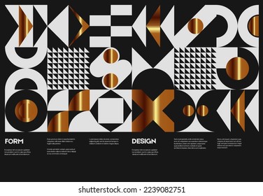 Swiss poster design template layout with clean typography and minimal vector pattern with golden abstract geometric shapes. Bold form graphic design, useful for album print,website header,web banner