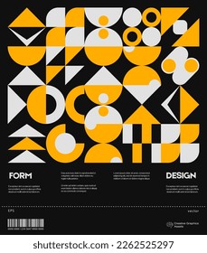 Schweizer Plakatdesign-Template-Layout mit sauberer Typografie und minimalem Vektormuster mit bunten abstrakten geometrischen Formen. Fett formatiertes Grafikdesign, nützlich für Albumdruck, Website-Header, Webbanner