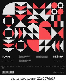 Swiss poster design template layout with clean typography and minimal vector pattern with colorful abstract geometric shapes. Bold form graphic design, useful for album print,website header,web banner