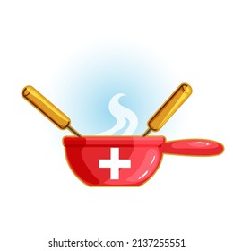 Swiss Pot With Cheese Fondue, National Meal From Switzerland, Vector Illustration, Eps10