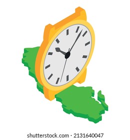Schweizer Präzisionssymbol isometrischer Vektorgrafik. Schweizer goldene Uhr und Landkarte Symbol. Quarz, mechanische Uhr, Symbol für die Schweiz