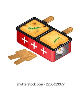 Swiss red pot with melted cheese on plates, cheese raclette, national meal from Switzerland, vector illustration, eps10