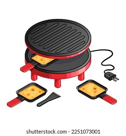 Swiss red pot with melted cheese on plates, cheese raclette, national meal from Switzerland, vector illustration, eps10