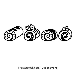 swiss roll cake icons vector design symbol black white illustration clipart collections set isolated