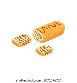 Swiss roll cake from sponge dough, chocolate cream and topping. Sweet baked dessert. Yummy swirled pastry. Colored flat graphic vector illustration of bakery isolated on white background