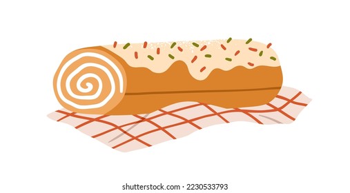 Swiss roll cake. Swirled spiral vanilla dessert. Sweet pastry with cream, frosting and sprinkles. Sugar food, confectionery. Festive confection. Flat vector illustration isolated on white background