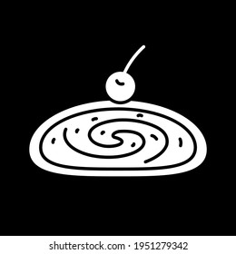 Swiss roll dark mode glyph icon. Sweet pastry with cream and cherry. Baked goods. Homemade treat. Cafe dessert. White silhouette symbol on black space. Vector isolated illustration