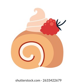 Swiss roll dessert with whipped cream topping and raspberry. Homemade baking. Trendy modern vector illustration isolated on white background, hand drawn, flat design