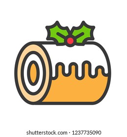 swiss roll sponge cake christmas theme decorated with mistletoe.  editable outline