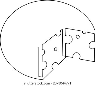Swiss round cheese isolated. Cheese slice.Continuous line drawing. Vector illustration.  Icon.