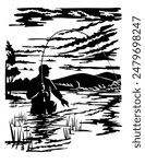 Swiss scherenschnitte or scissors cut illustration of silhouette of an angler fisherman fly fishing in Rock Creek located in Missoula and Granite County, Montana, USA done in paper cut or decoupage.