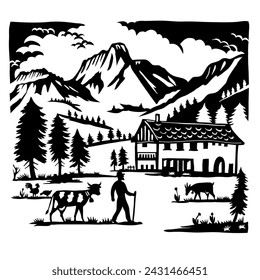 Swiss scherenschnitte or scissors cut illustration of silhouette of Gantrisch Nature Park with chalet, farmer, cow, goat between Bern, Thun and Freiburg Switzerland in paper cut or decoupage style.