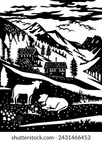 Swiss scherenschnitte or scissors cut illustration of silhouette of Binntal Nature Park with chalet, cow in Upper Valais village of Binn, Ernen, Grengiols, Bister Switzerland in paper cut or decoupage