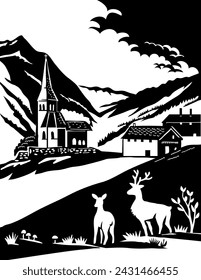 Swiss scherenschnitte or scissors cut illustration of silhouette of deer in Beverin Nature Park in the canton of Grisons, Switzerland in paper cut or decoupage.