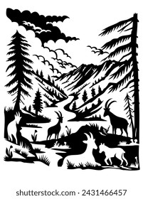 Swiss scherenschnitte or scissors cut illustration of silhouette of ibex with Val Trupchun located in Swiss National Park in Western Rhaetian Alps, Switzerland done in paper cut or decoupage style.