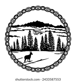 Swiss scherenschnitte or scissors cut illustration of silhouette of chamois in Jura Vaudois Nature Park of the Lake Geneva Region, Switzerland inside circle in paper cut or decoupage.