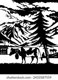 Swiss scherenschnitte or scissors cut illustration of silhouette of a cow in Elm Sernftal with Glarus peaks in Switzerland set inside circle done in paper cut or decoupage.