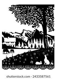 Schweizerische Scherenschnitte oder Scherenschnitte Schnittdarstellung der Silhouette einer Kuh und eines Kaninchens in einem Dorf im Naturpark Diemtigtal im Kanton Bern, Schweiz in Papierschnitt oder Decoupage.