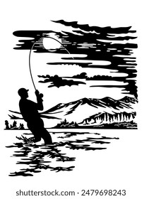 Swiss scherenschnitte or scissors cut illustration of silhouette of an angler fisherman fly fishing in Madison River within Yellowstone National Park in Montana, USA done in paper cut or decoupage.