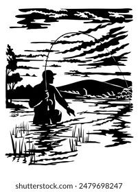 Swiss scherenschnitte or scissors cut illustration of silhouette of an angler fisherman fly fishing in Rock Creek located in Missoula and Granite County, Montana, USA done in paper cut or decoupage.