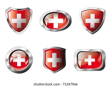 Swiss set shiny buttons and shields of flag with metal frame - vector illustration. Isolated abstract object against white background.