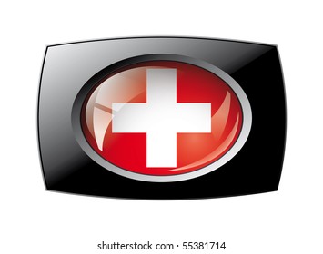 Swiss shiny button flag with black frame -  vector illustration. Isolated abstract object against white background.