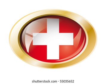 Swiss shiny button flag with golden ring vector illustration. Isolated abstract object against white background.