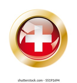 Swiss shiny button flag with golden ring vector illustration. Isolated abstract object against white background.