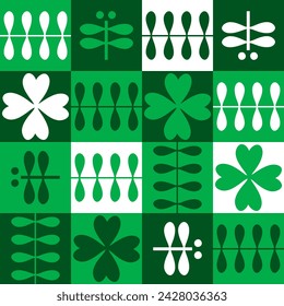 Swiss style seamless pattern with four leaf clovers and dragonflies. St Patricks Day print for card, paper, fabric, textile. Hand drawn vector illustration.
