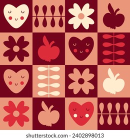 Swiss style seamless pattern with hearts and apples silhouettes. Checkered print for tee, paper, fabric, textile. Retro style vector illustration for decor and design.