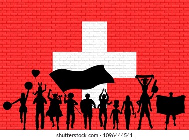 Swiss supporter silhouette in front of brick wall with Switzerland flag. All the objects, silhouettes and the brick wall are in different layers. 