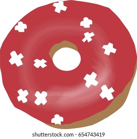 Swiss sweat glazed donut red Switzerland flag. white cross