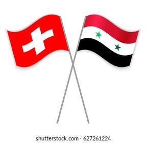 Swiss and Syrian crossed flags. Switzerland combined with Syria isolated on white. Language learning, international business or travel concept.