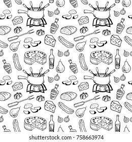 Swiss traditional cuisine - fondue seamless pattern on white background. Cheese, wine bottle, pot, cucumber, pear, bread. Hand drawn sketch. Packaging design
