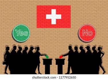 Swiss voters crowd silhouette in Switzerland election with yes and no signs graffiti. All the silhouette objects, icons and background are in different layers. 