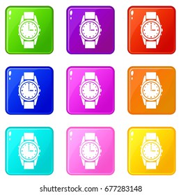 Swiss watch icons of 9 color set isolated vector illustration