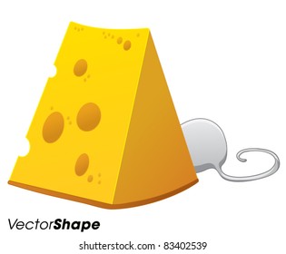 Swiss yellow cheese with holes and mouse hiding behind, vector illustration