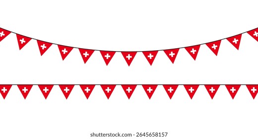 Swiss-themed festive bunting with red triangular flags and white crosses, ideal for national celebrations, events, or patriotic designs.