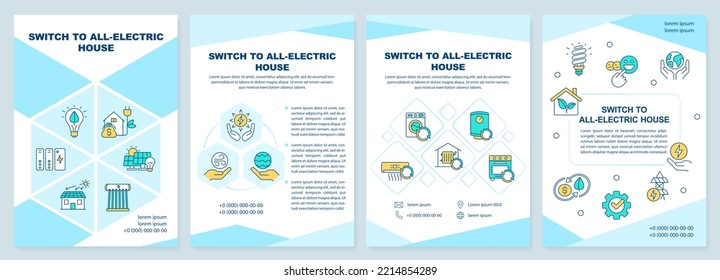 Switch to all-electric house brochure template. Efficient home. Leaflet design with linear icons. Editable 4 vector layouts for presentation, annual reports. Arial-Black, Myriad Pro-Regular fonts used