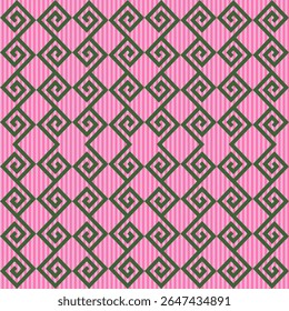 Switch back and front seamless pattern with rhombus spiral on pink line background. Simple geometric print. Vector illustration.
