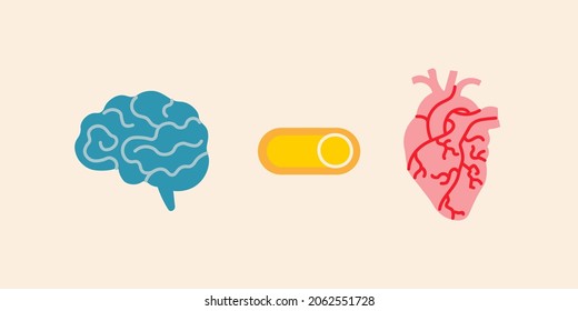 Switch Between Brain And Heart. Turn Off The Mind, Turn On The Senses. Listen To Your Heart. Vector Cute Illustration.