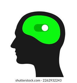 Switch button to turn on brain activity. Active mental, intellectual and thinking. Silhouette of head. Vector illustration isolated on white.