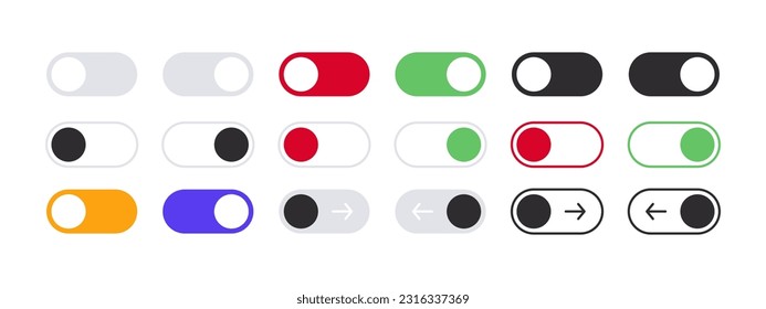 Switch buttons icons set. ON OFF toggles switch buttons. Vector scalable graphics